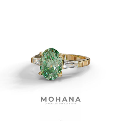 3 Carat Green Oval & Tapered Baguette Lab Grown Diamond Three Stone Engagement Ring
