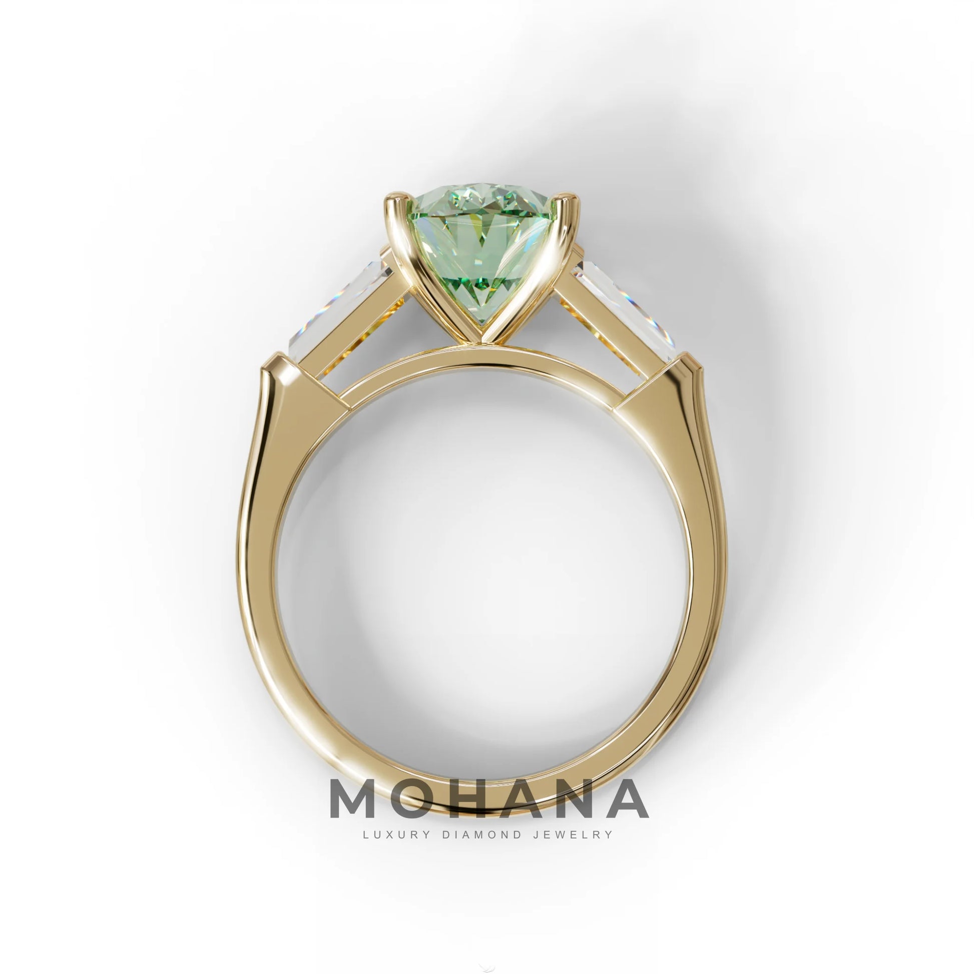 3 Carat Green Oval & Tapered Baguette Lab Grown Diamond Three Stone Engagement Ring