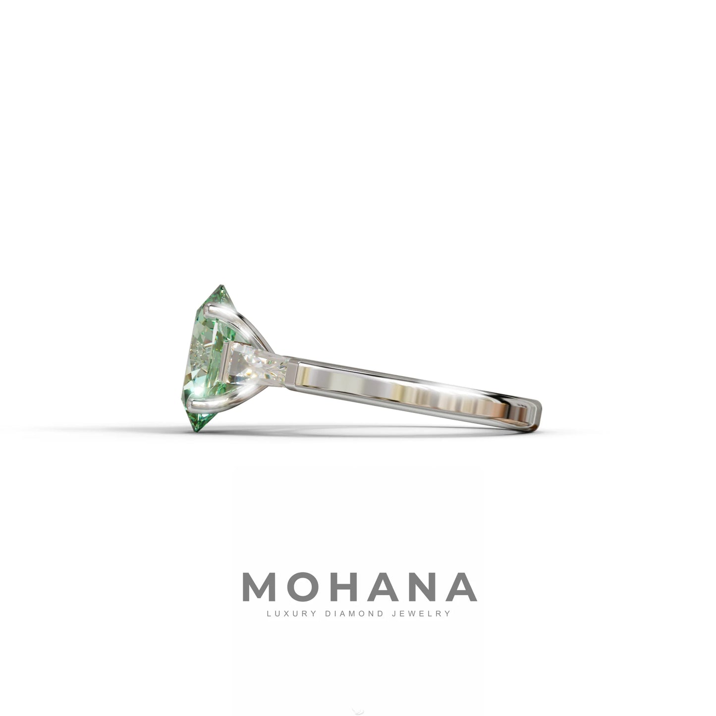 3 Carat Green Oval & Tapered Baguette Lab Grown Diamond Three Stone Engagement Ring