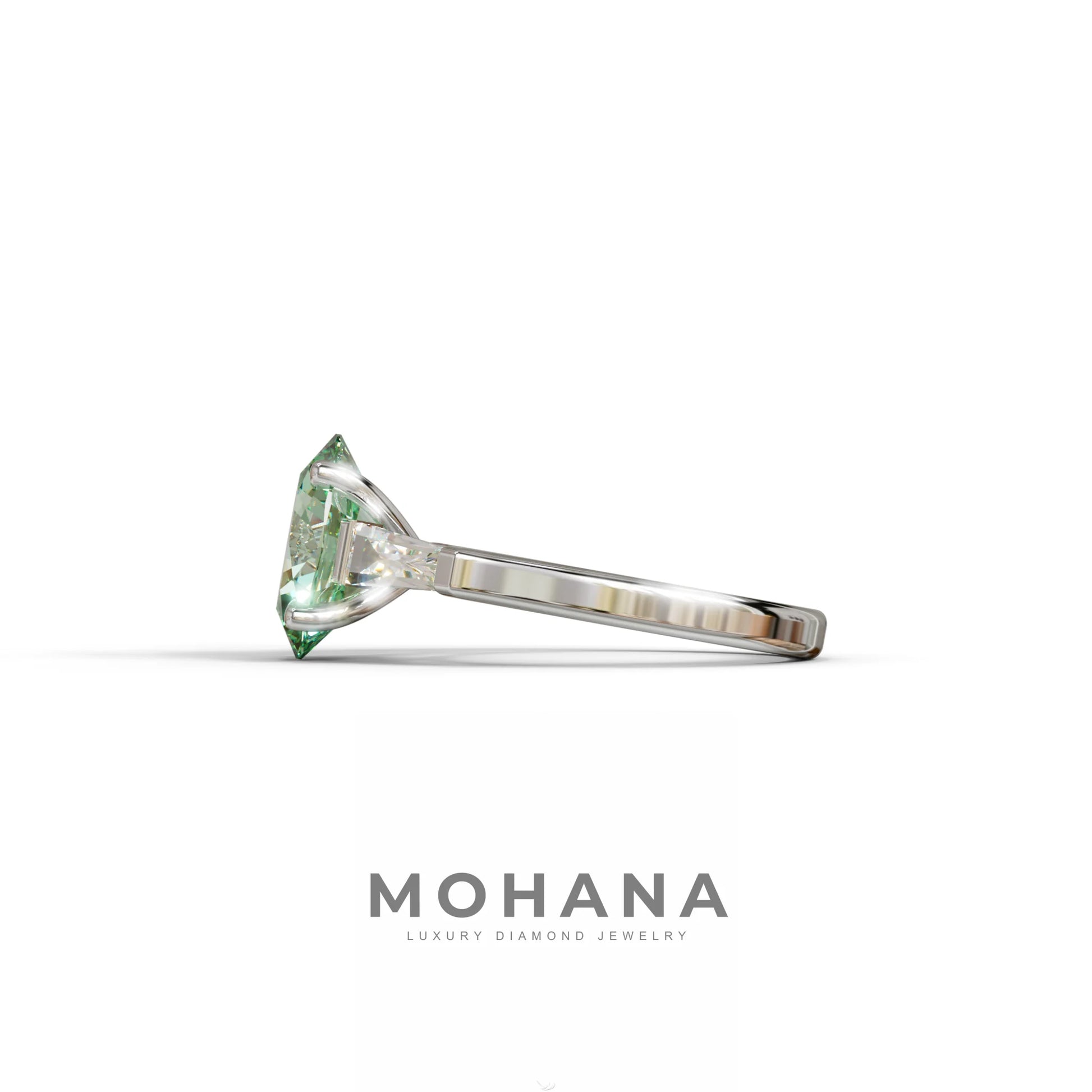 3 Carat Green Oval & Tapered Baguette Lab Grown Diamond Three Stone Engagement Ring