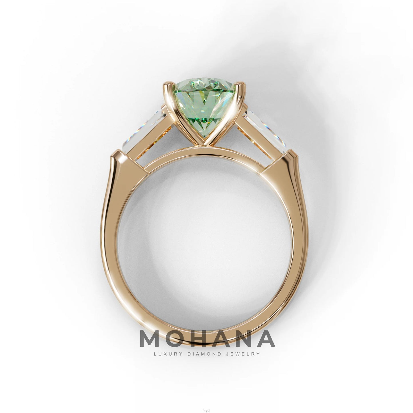 3 Carat Green Oval & Tapered Baguette Lab Grown Diamond Three Stone Engagement Ring