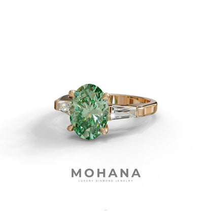 3 Carat Green Oval & Tapered Baguette Lab Grown Diamond Three Stone Engagement Ring