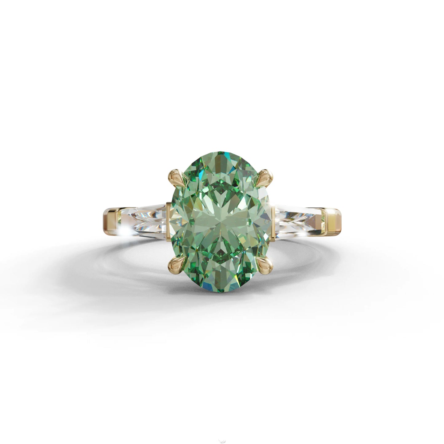 3 Carat Green Oval & Tapered Baguette Lab Grown Diamond Three Stone Engagement Ring - 10K Solid Gold / Yellow Gold