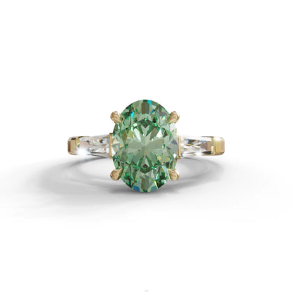 3 Carat Green Oval & Tapered Baguette Lab Grown Diamond Three Stone Engagement Ring - 10K Solid Gold / Yellow Gold