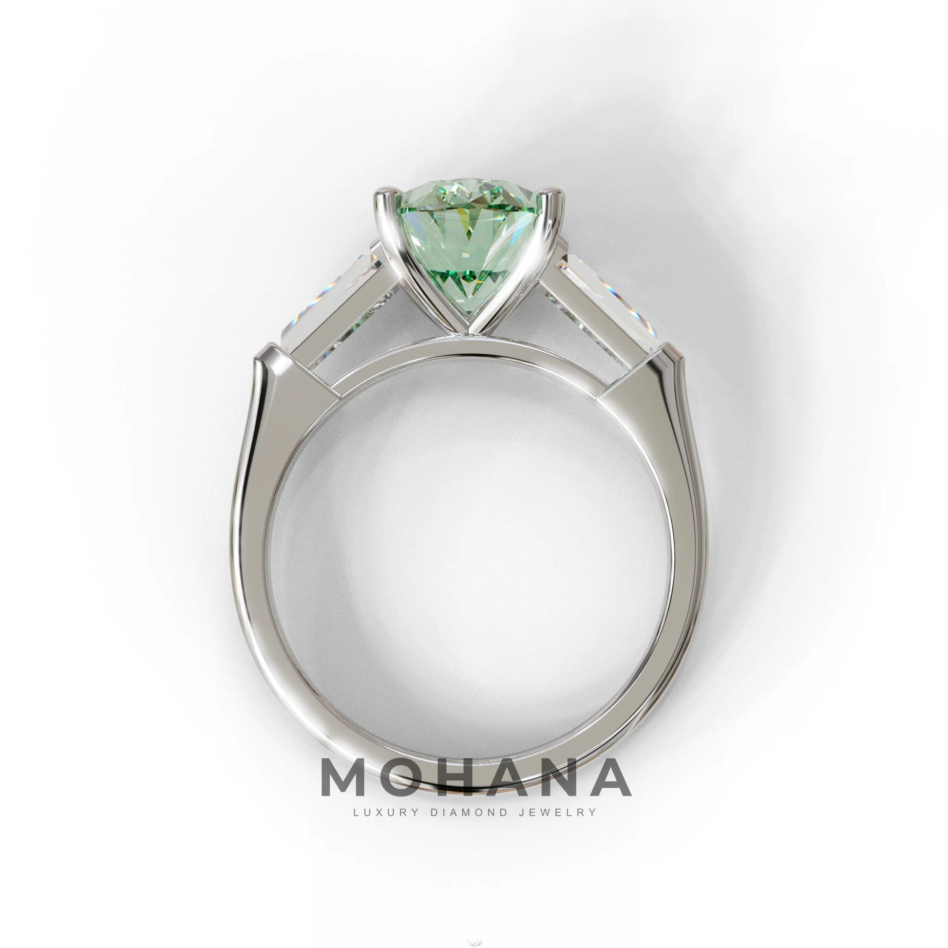 3 Carat Green Oval & Tapered Baguette Lab Grown Diamond Three Stone Engagement Ring