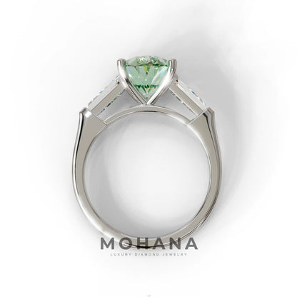 3 Carat Green Oval & Tapered Baguette Lab Grown Diamond Three Stone Engagement Ring