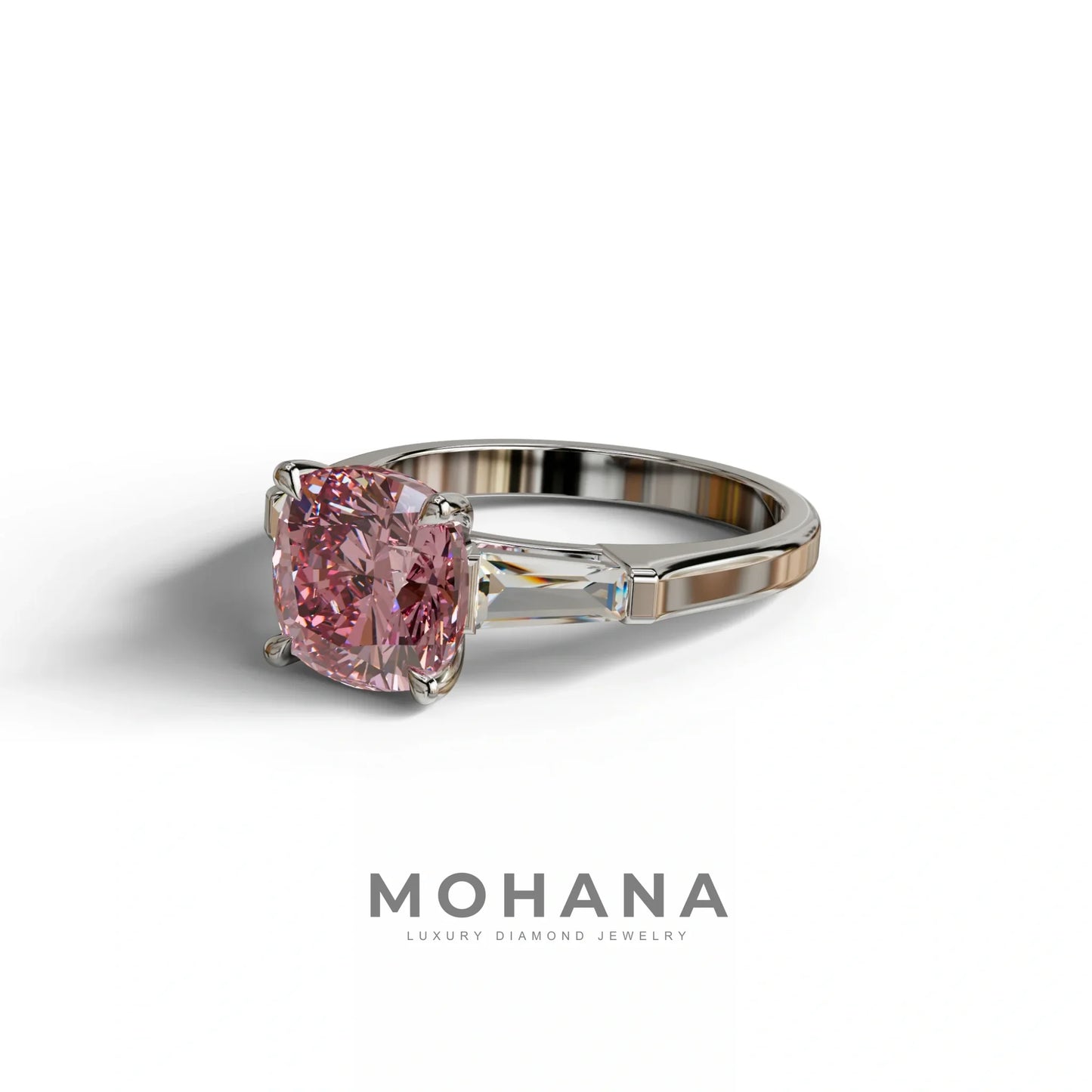 3 Carat Pink Cushion & Tapered Baguette Three Stone Engagement Ring