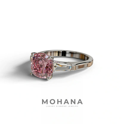 3 Carat Pink Cushion & Tapered Baguette Three Stone Engagement Ring