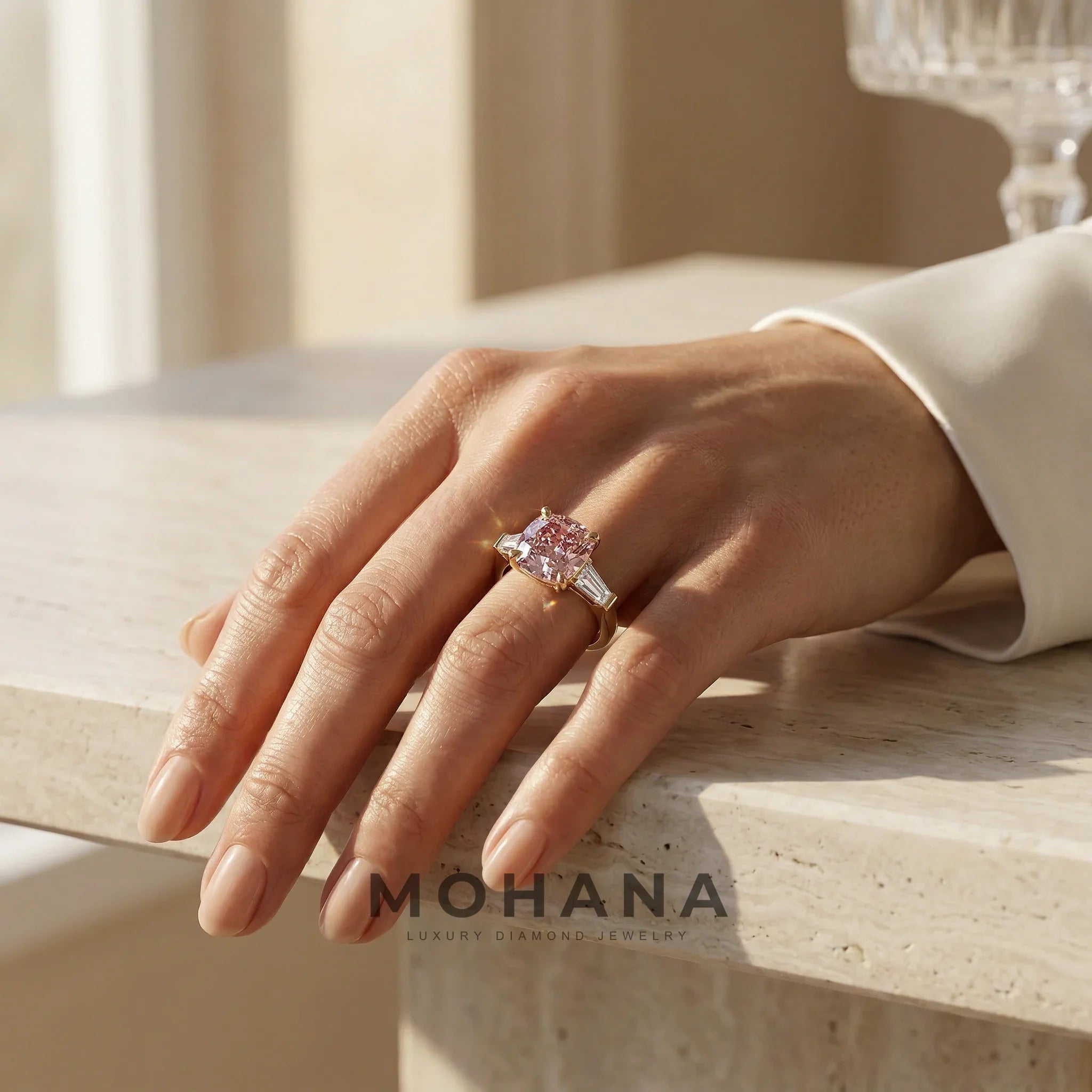 3.75 Carat Fancy Pink Cushion & Tapered Baguette Lab Grown Diamond Three Stone Engagement Ring