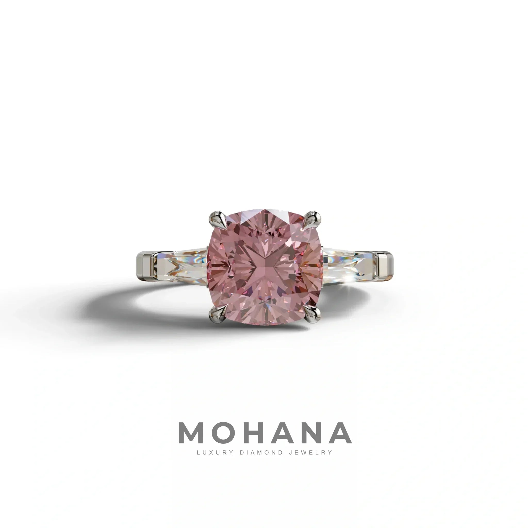 3 Carat Pink Cushion & Tapered Baguette Three Stone Engagement Ring - 10K Solid Gold / White Gold