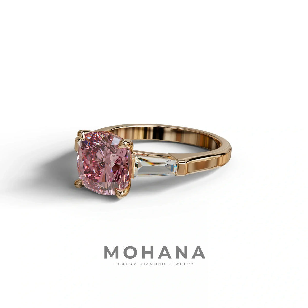 3 Carat Pink Cushion & Tapered Baguette Three Stone Engagement Ring