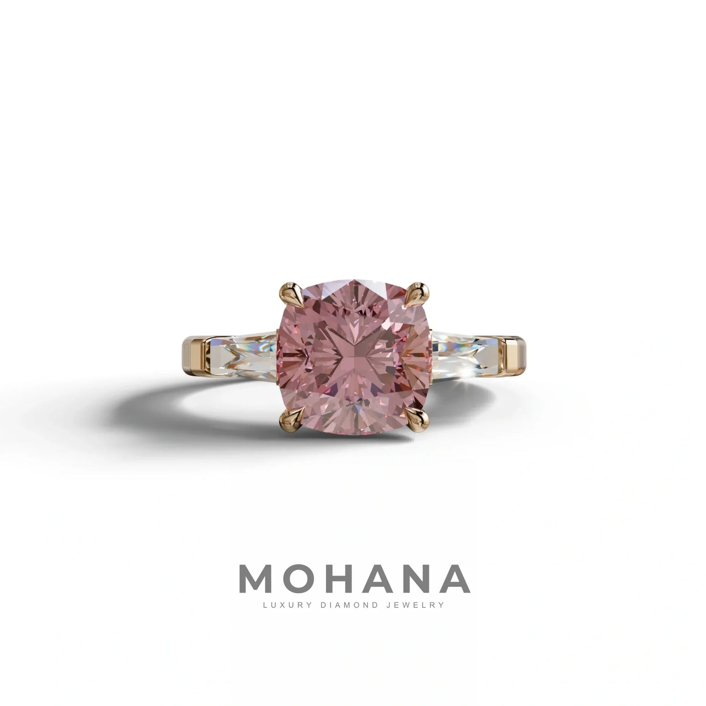 3 Carat Pink Cushion & Tapered Baguette Three Stone Engagement Ring - 10K Solid Gold / Rose Gold