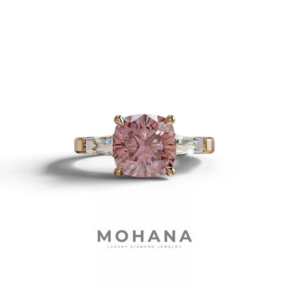 3 Carat Pink Cushion & Tapered Baguette Three Stone Engagement Ring - 10K Solid Gold / Rose Gold