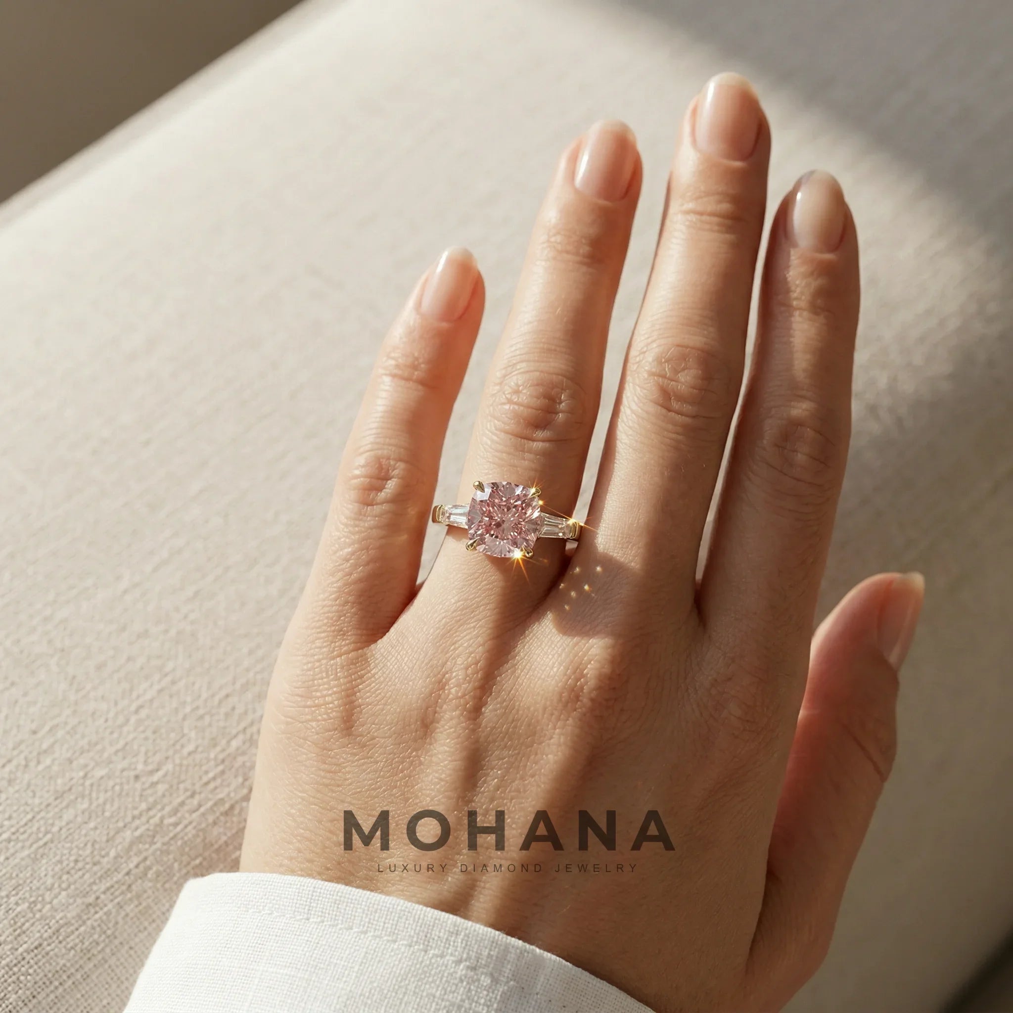 3.75 Carat Fancy Pink Cushion & Tapered Baguette Lab Grown Diamond Three Stone Engagement Ring