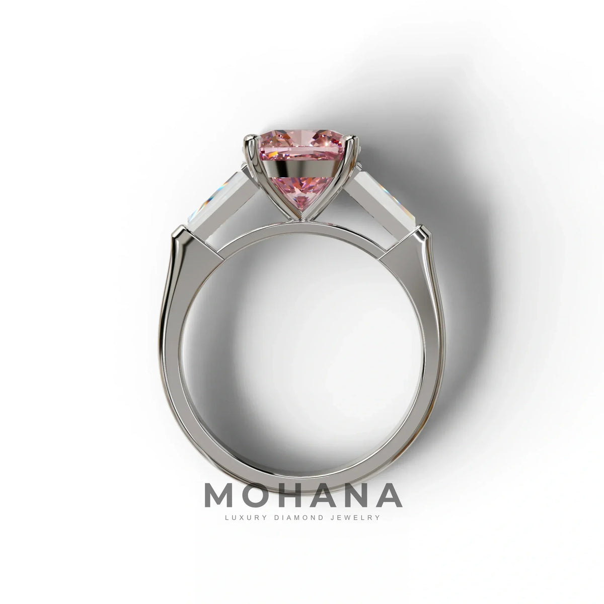 3 Carat Pink Cushion & Tapered Baguette Three Stone Engagement Ring
