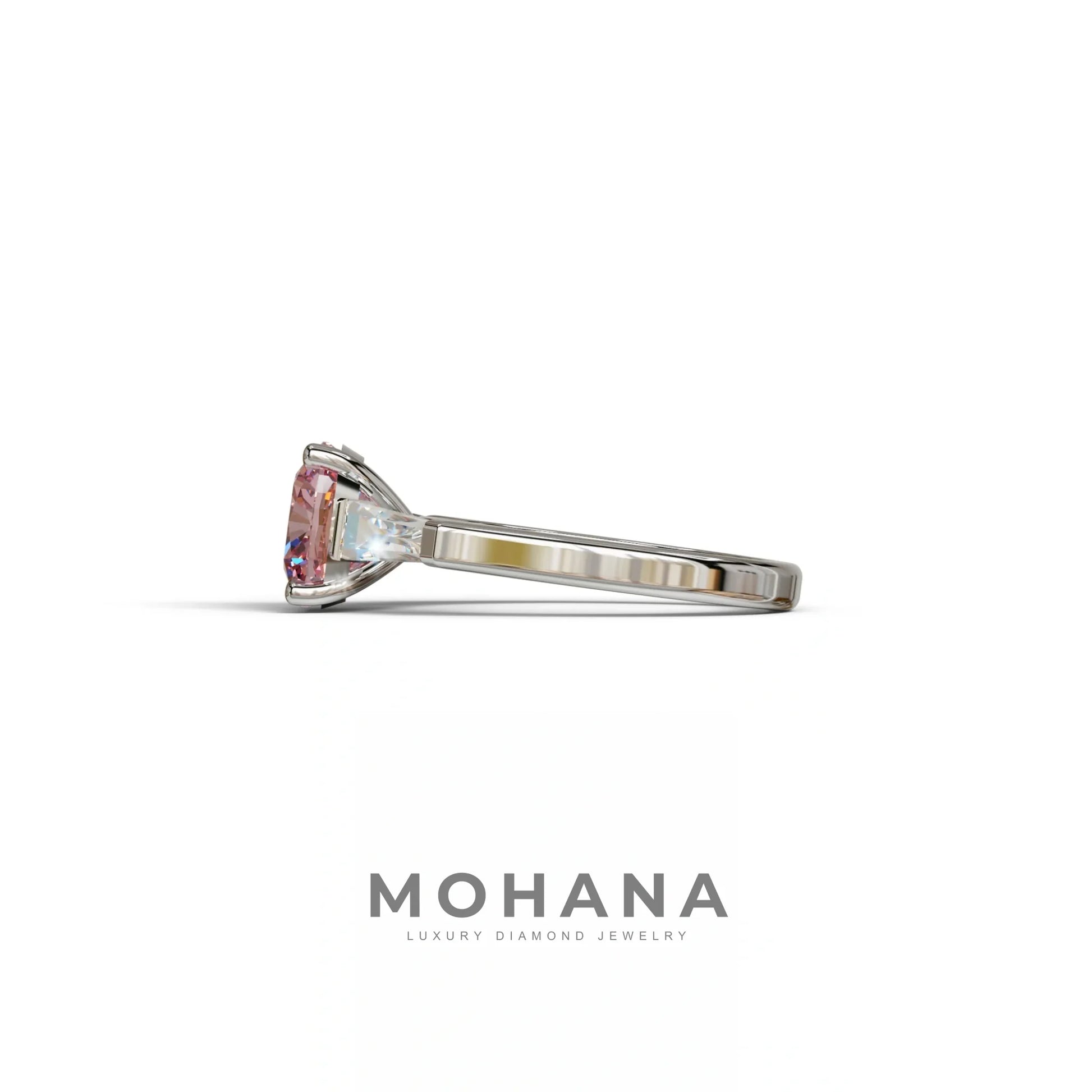 3 Carat Pink Cushion & Tapered Baguette Three Stone Engagement Ring