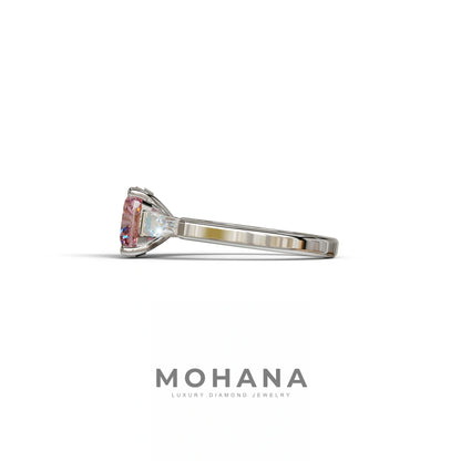 3 Carat Pink Cushion & Tapered Baguette Three Stone Engagement Ring