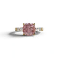 3 Carat Pink Cushion & Tapered Baguette Three Stone Engagement Ring - 10K Solid Gold / Yellow Gold