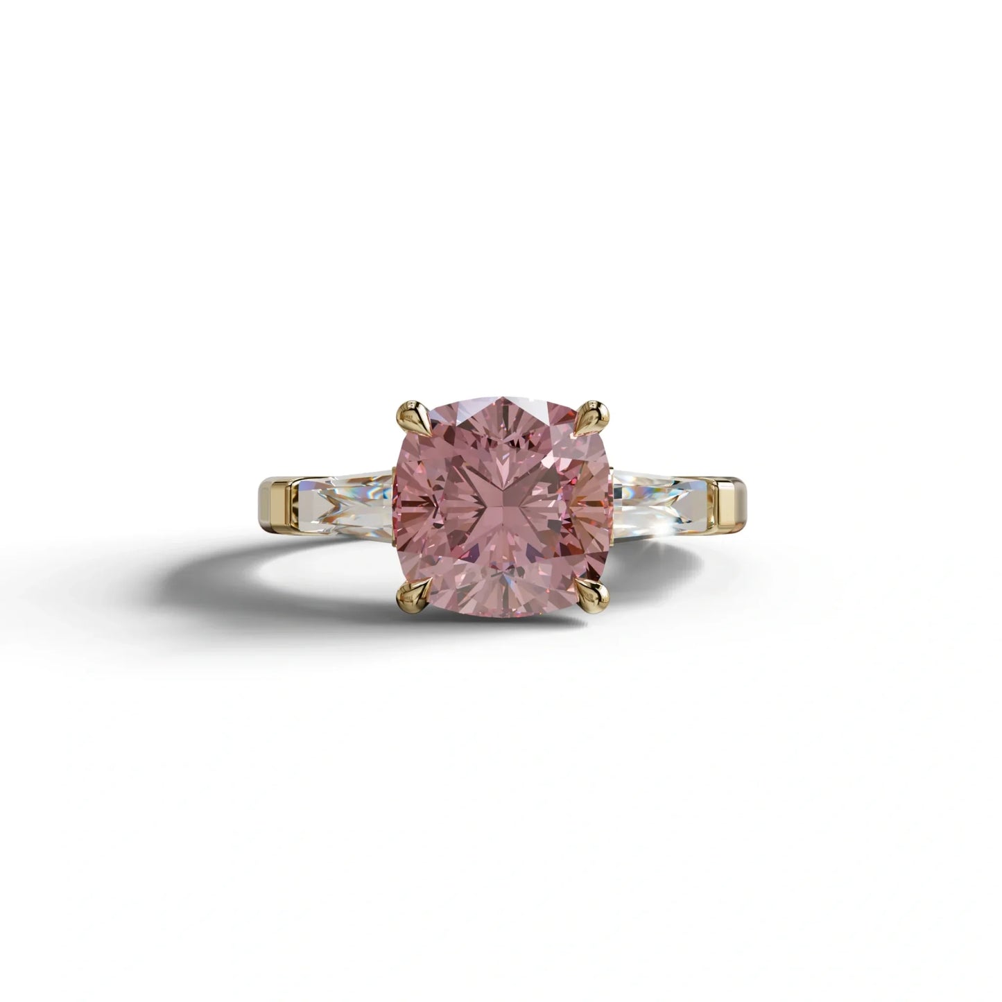 3 Carat Pink Cushion & Tapered Baguette Three Stone Engagement Ring - 10K Solid Gold / Yellow Gold