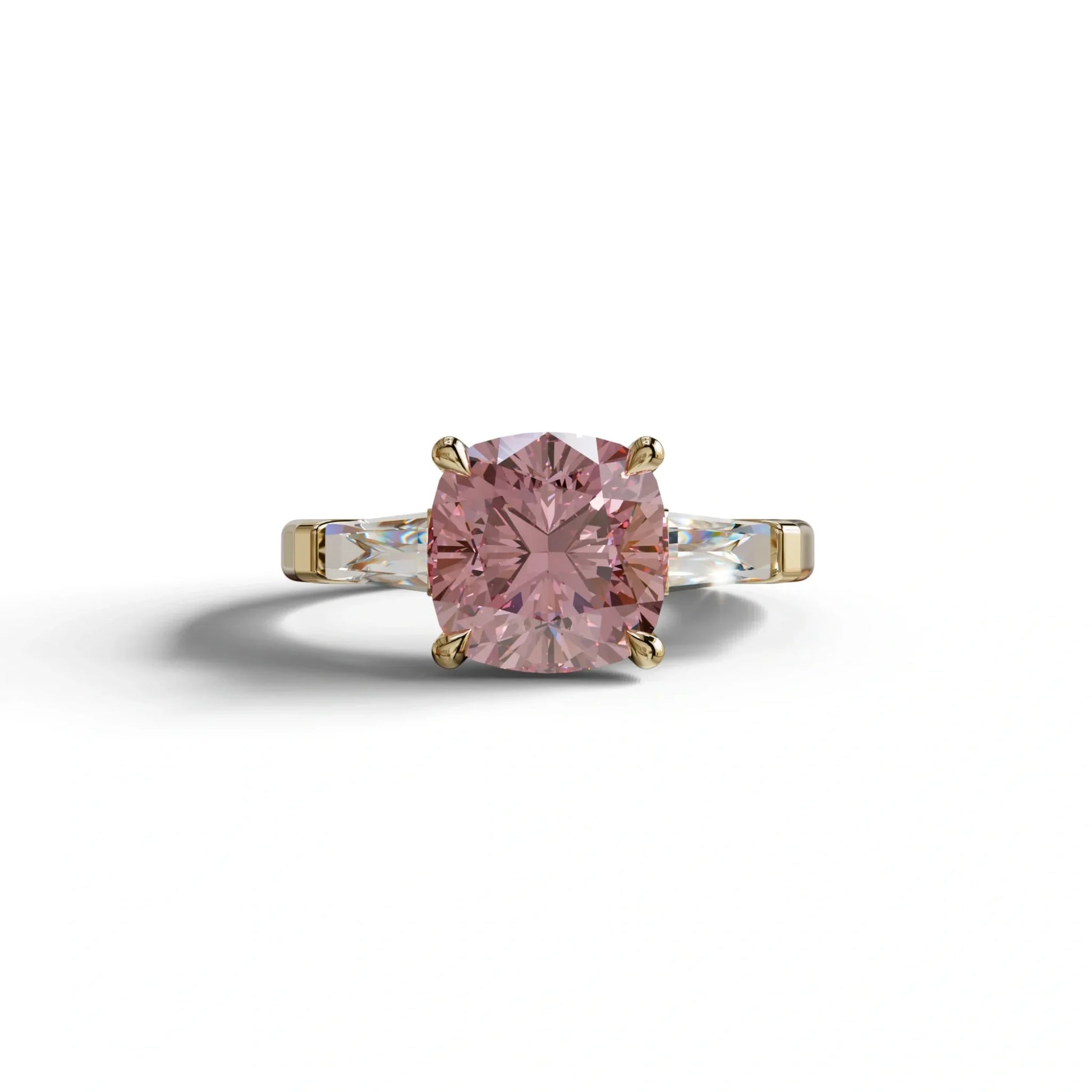 3 Carat Pink Cushion & Tapered Baguette Three Stone Engagement Ring - 10K Solid Gold / Yellow Gold