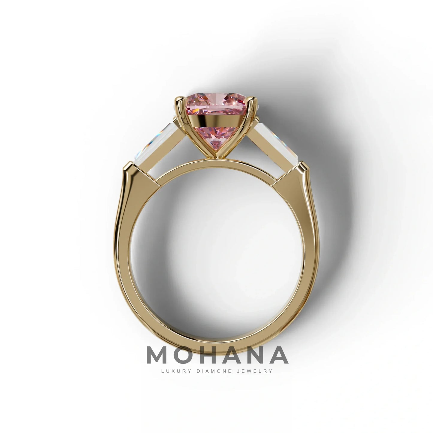 3 Carat Pink Cushion & Tapered Baguette Three Stone Engagement Ring