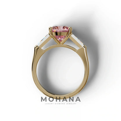 3 Carat Pink Cushion & Tapered Baguette Three Stone Engagement Ring