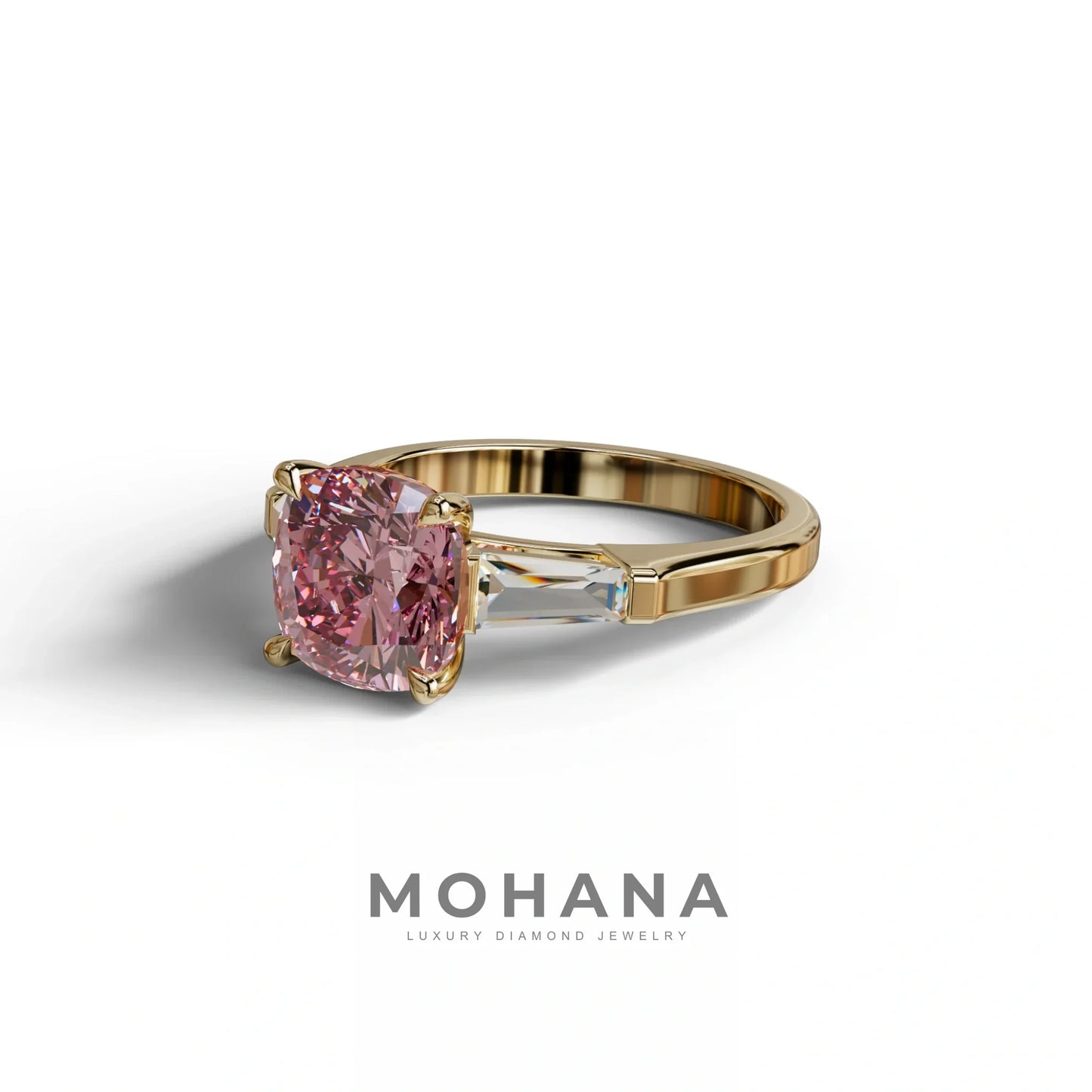 3 Carat Pink Cushion & Tapered Baguette Three Stone Engagement Ring
