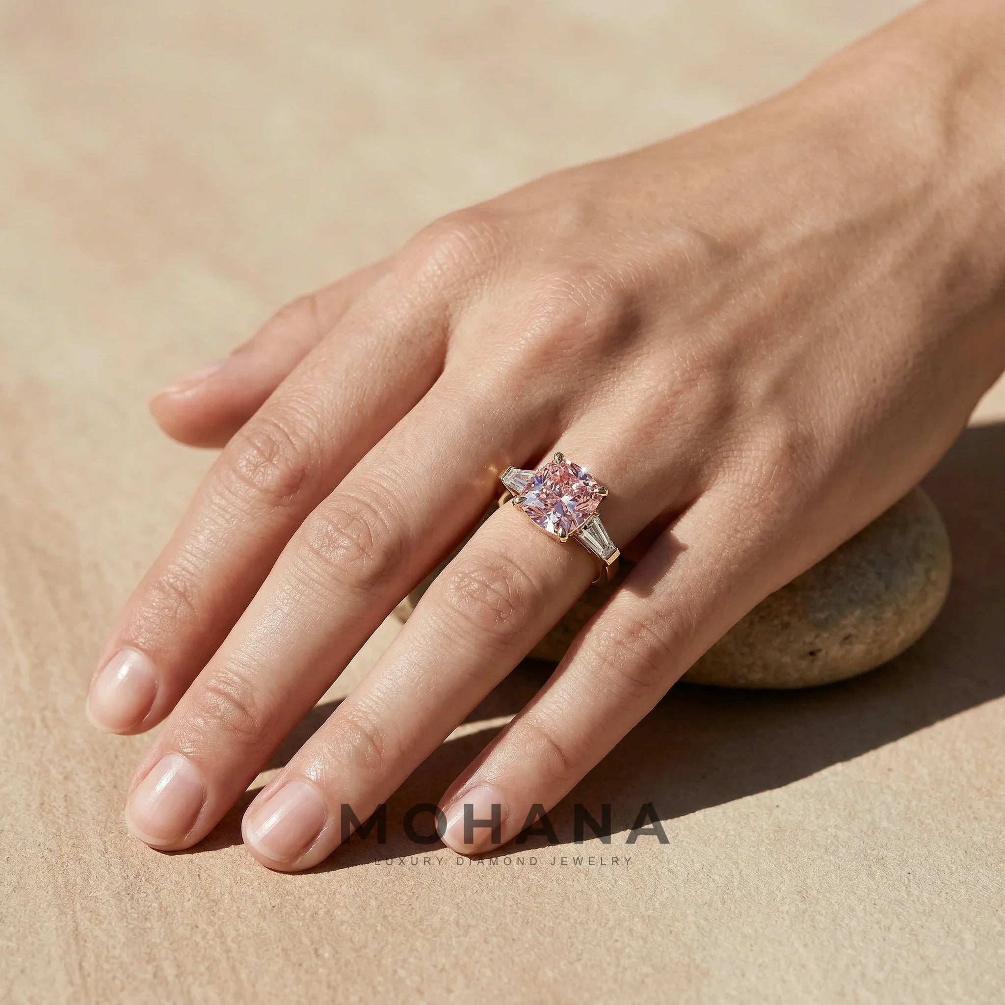 3.75 Carat Fancy Pink Cushion & Tapered Baguette Lab Grown Diamond Three Stone Engagement Ring