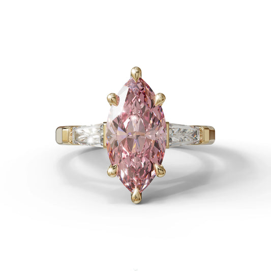 Pink Marquise & Tapered Baguette Multi Stone Engagement Ring - 10K Solid Gold / Yellow Gold