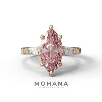 Pink Marquise & Tapered Baguette Multi Stone Engagement Ring - 10K Solid Gold / Rose Gold