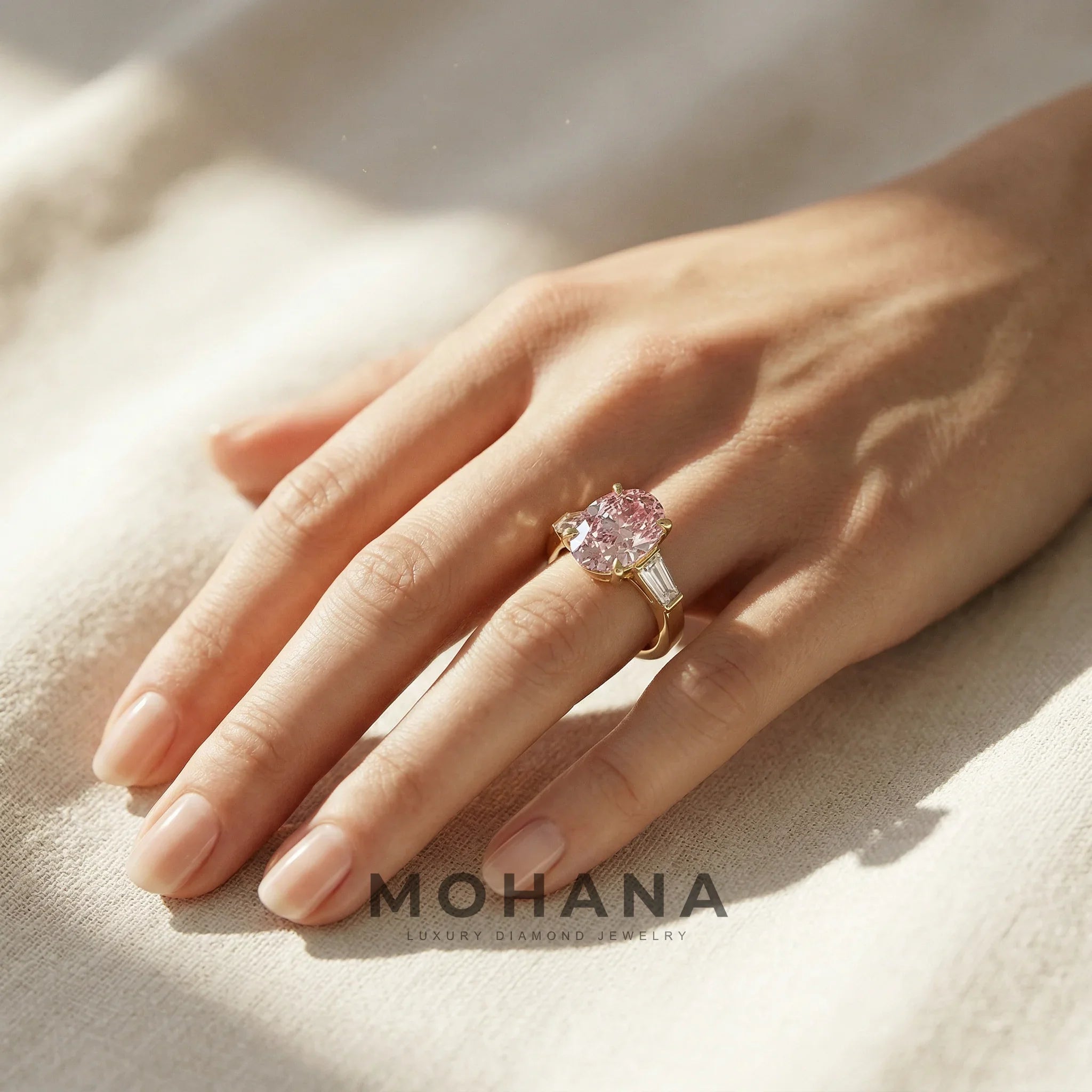 3.75 Carat Fancy Pink Oval & Tapered Baguette Lab Grown Diamond Three Stone Engagement Ring