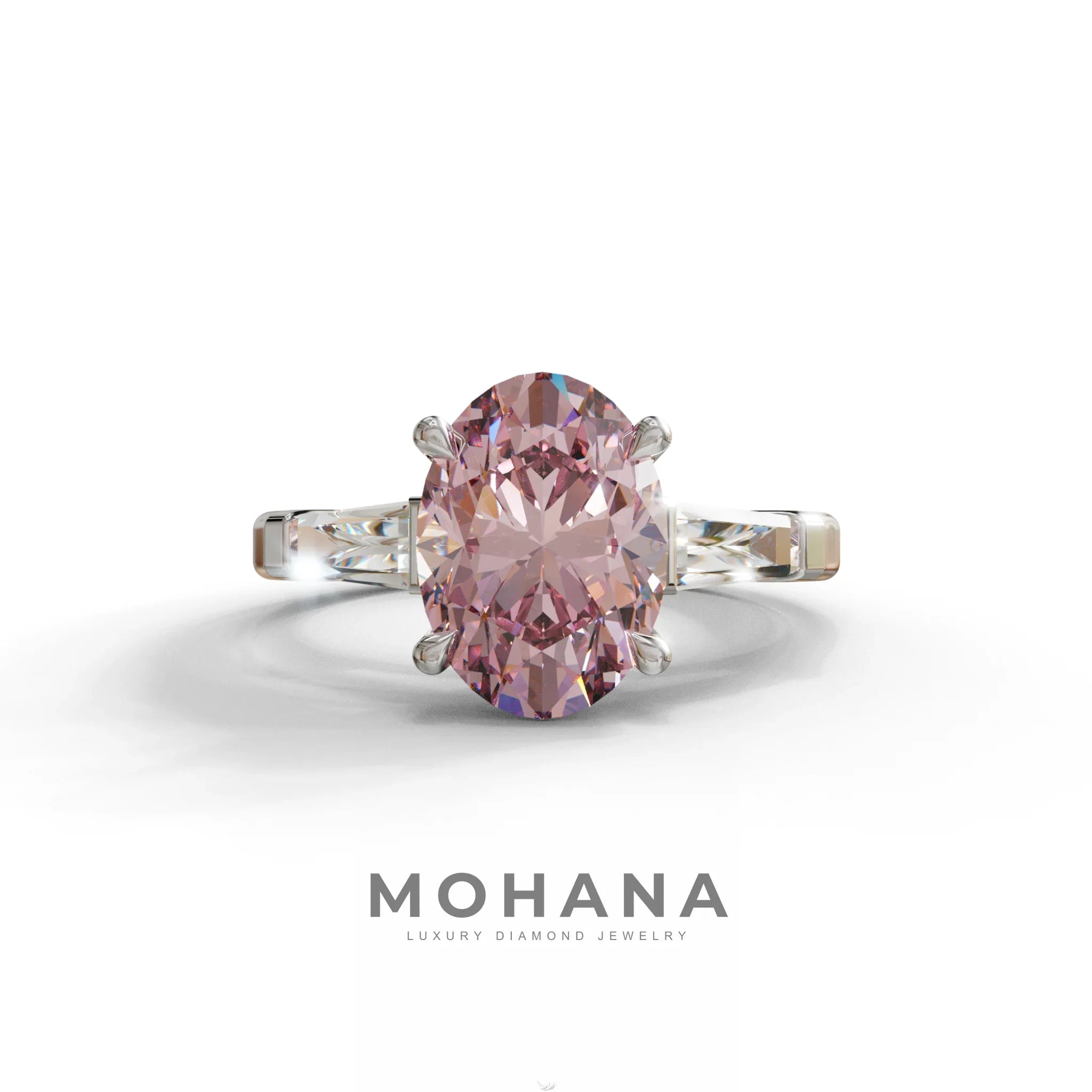 3 Carat Pink Oval & Tapered Baguette Lab Grown Diamond Three Stone Engagement Ring - 10K Solid Gold / White Gold