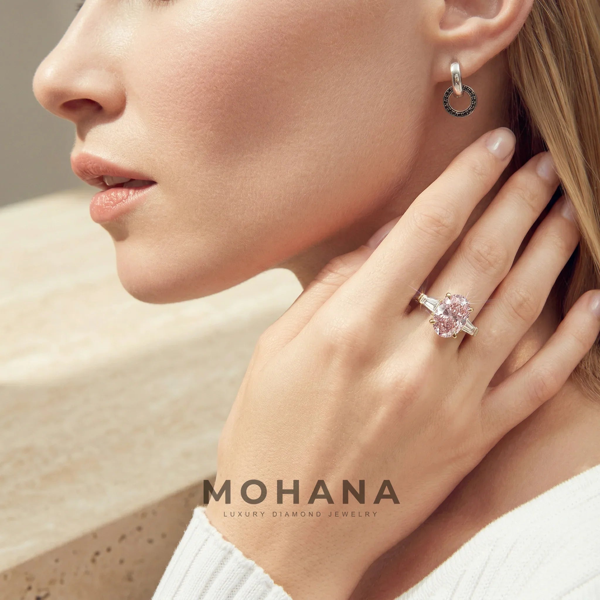 3.75 Carat Fancy Pink Oval & Tapered Baguette Lab Grown Diamond Three Stone Engagement Ring