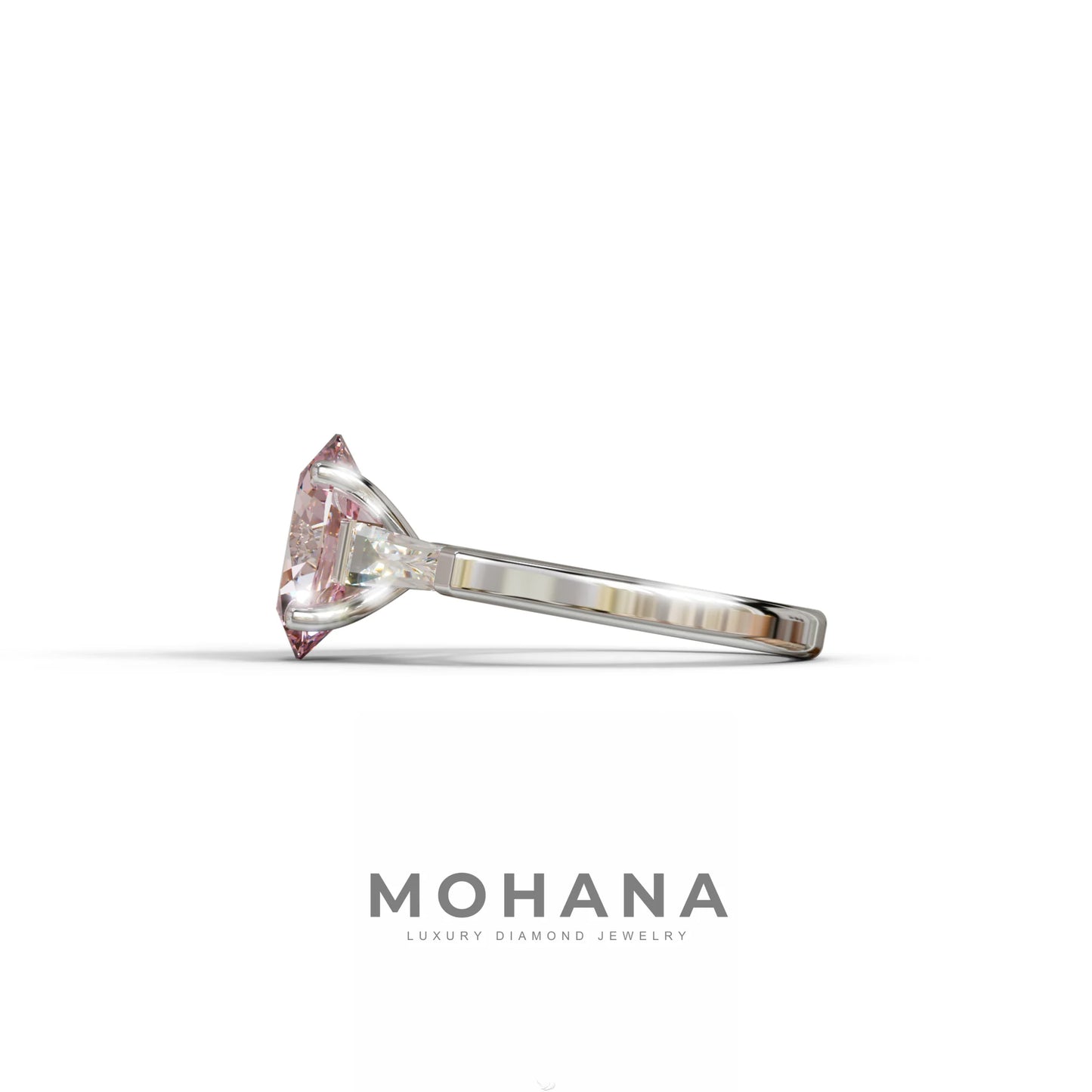 3 Carat Pink Oval & Tapered Baguette Lab Grown Diamond Three Stone Engagement Ring