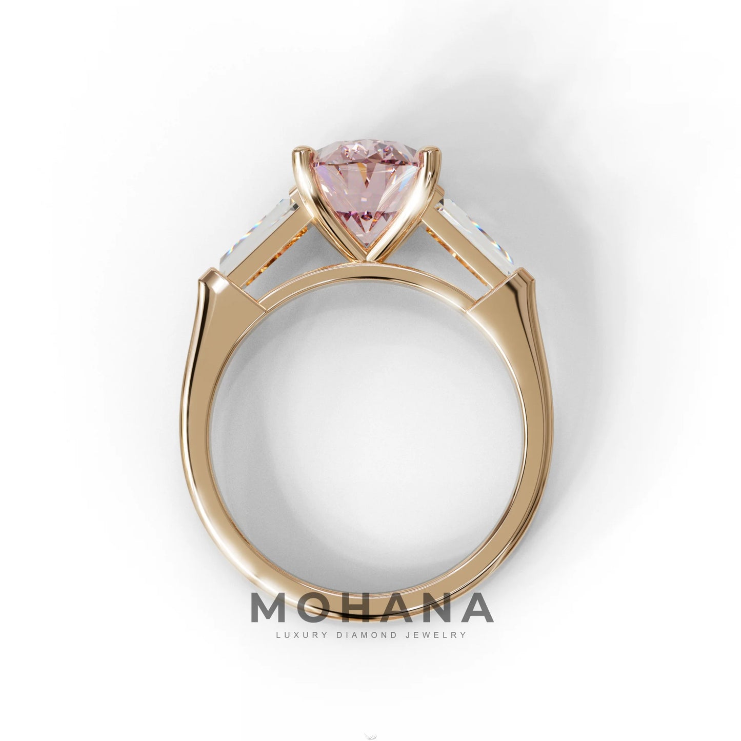 3 Carat Pink Oval & Tapered Baguette Lab Grown Diamond Three Stone Engagement Ring