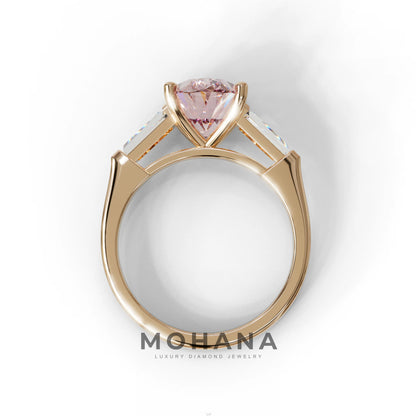 3 Carat Pink Oval & Tapered Baguette Lab Grown Diamond Three Stone Engagement Ring