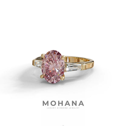 3 Carat Pink Oval & Tapered Baguette Lab Grown Diamond Three Stone Engagement Ring