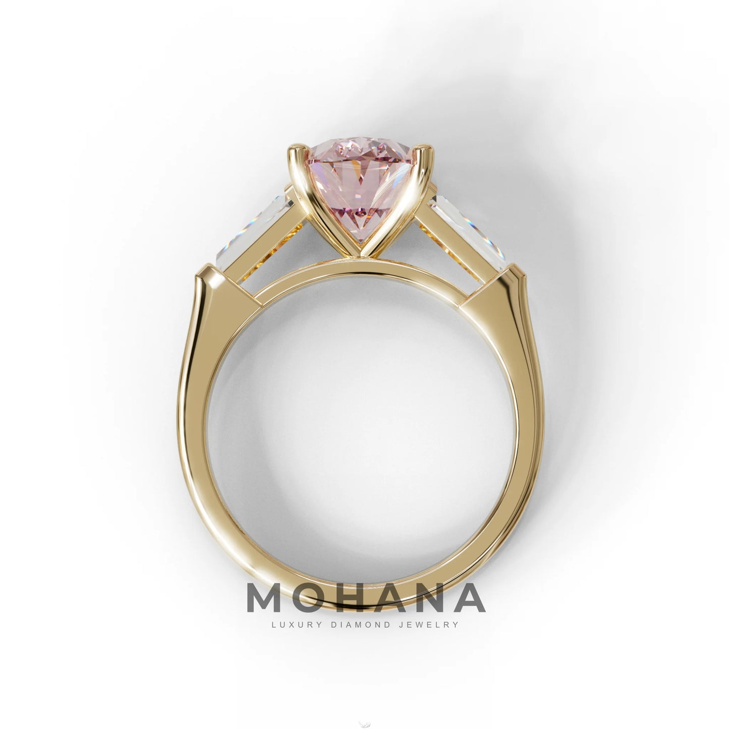 3 Carat Pink Oval & Tapered Baguette Lab Grown Diamond Three Stone Engagement Ring