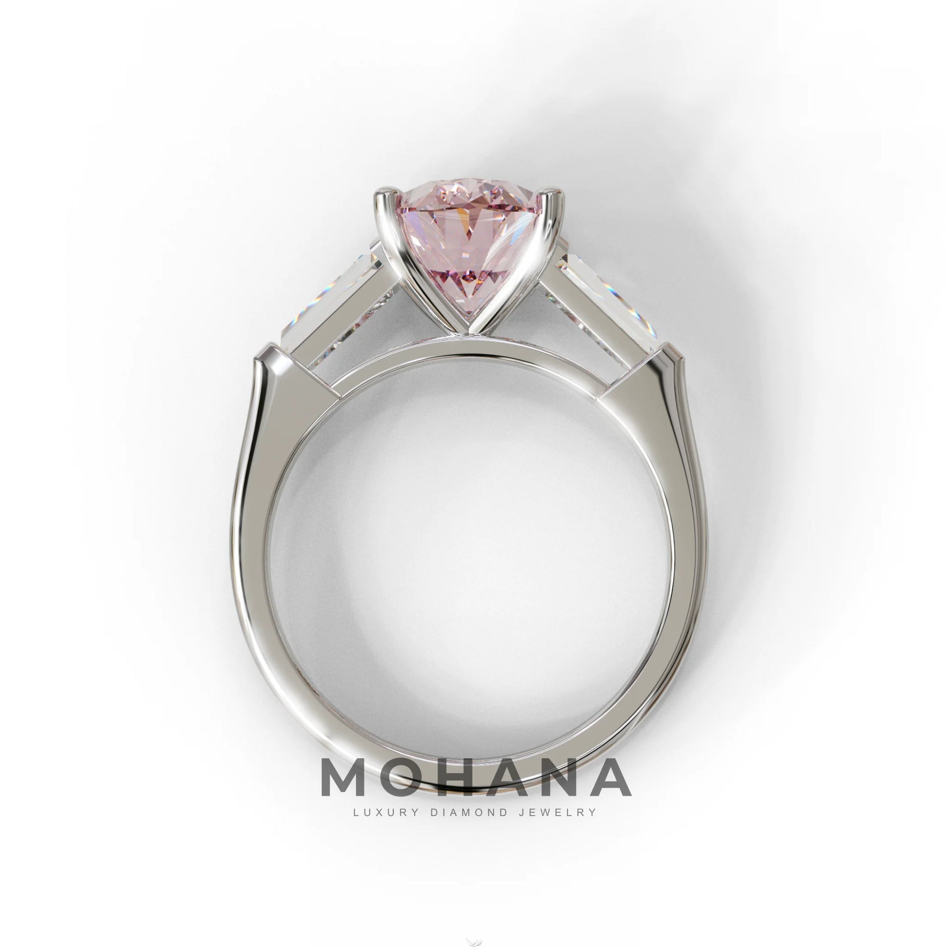 3 Carat Pink Oval & Tapered Baguette Lab Grown Diamond Three Stone Engagement Ring