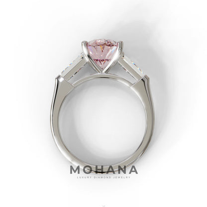 3 Carat Pink Oval & Tapered Baguette Lab Grown Diamond Three Stone Engagement Ring
