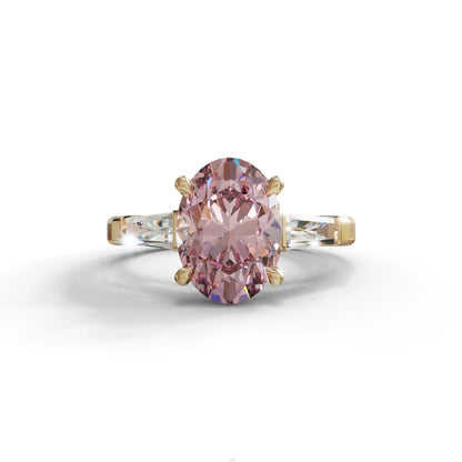 3 Carat Pink Oval & Tapered Baguette Lab Grown Diamond Three Stone Engagement Ring - 10K Solid Gold / Yellow Gold