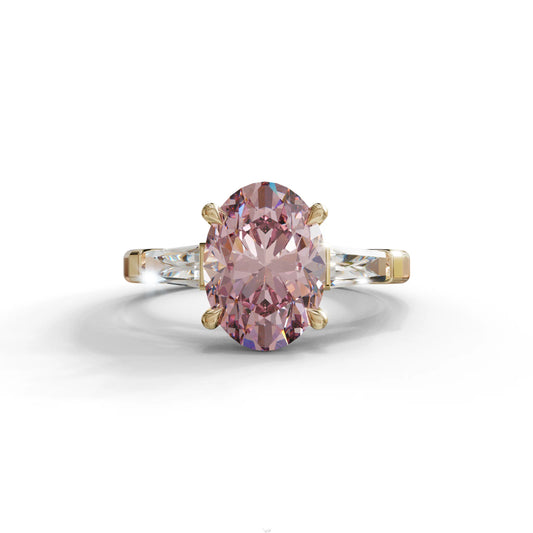 3 Carat Pink Oval & Tapered Baguette Lab Grown Diamond Three Stone Engagement Ring - 10K Solid Gold / Yellow Gold