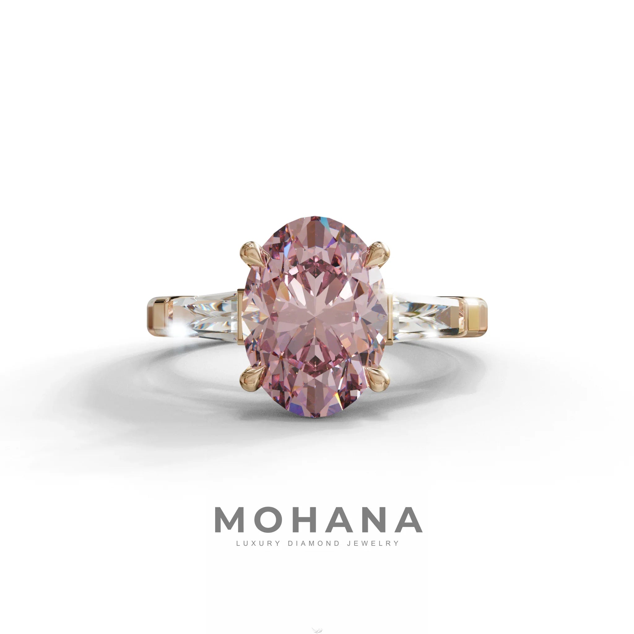 3 Carat Pink Oval & Tapered Baguette Lab Grown Diamond Three Stone Engagement Ring - 10K Solid Gold / Rose Gold