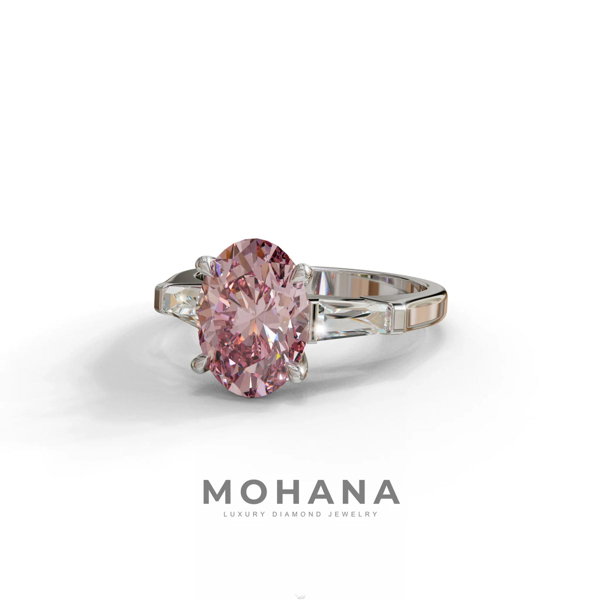 3 Carat Pink Oval & Tapered Baguette Lab Grown Diamond Three Stone Engagement Ring