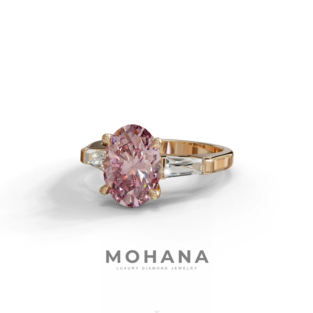3 Carat Pink Oval & Tapered Baguette Lab Grown Diamond Three Stone Engagement Ring