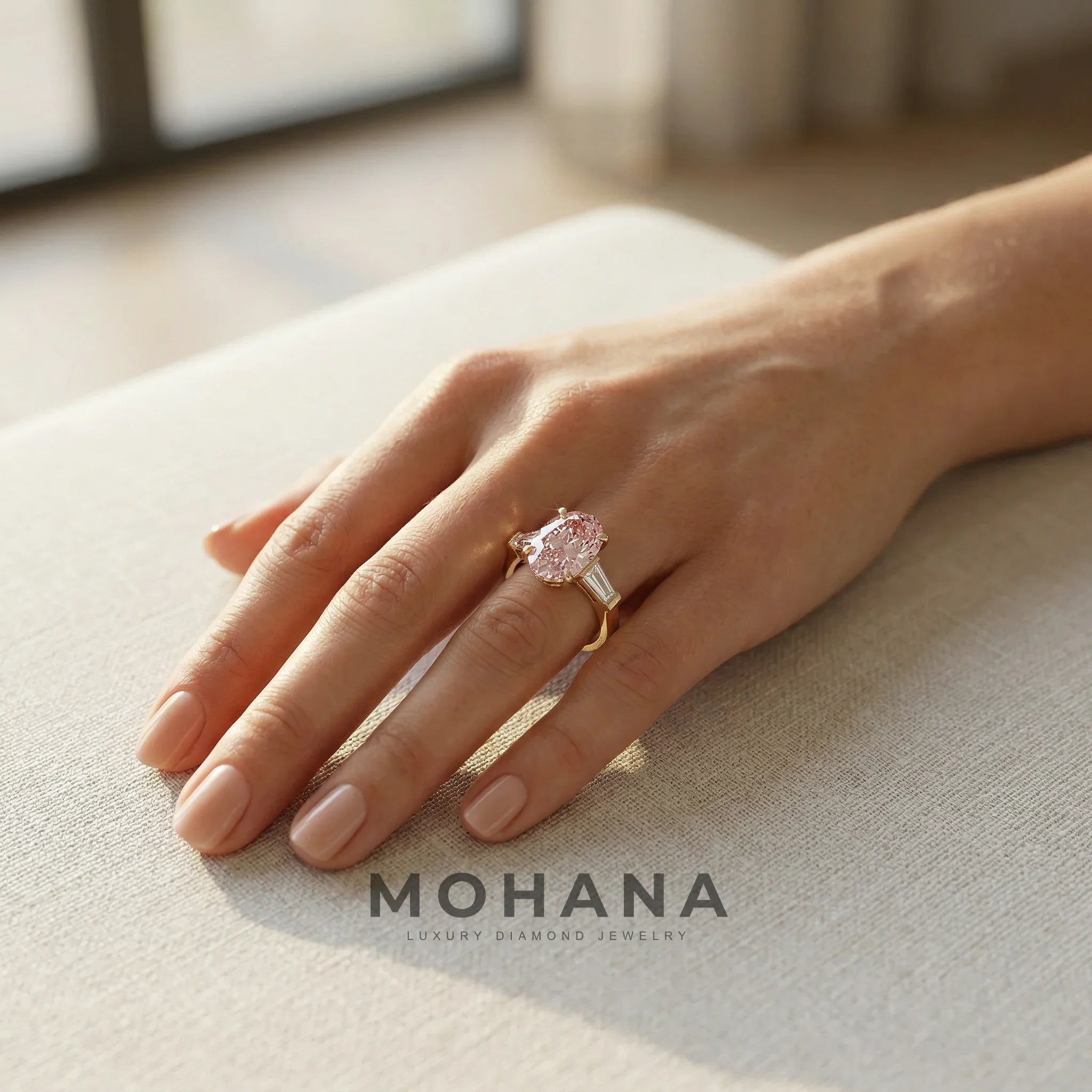 3.75 Carat Fancy Pink Oval & Tapered Baguette Lab Grown Diamond Three Stone Engagement Ring
