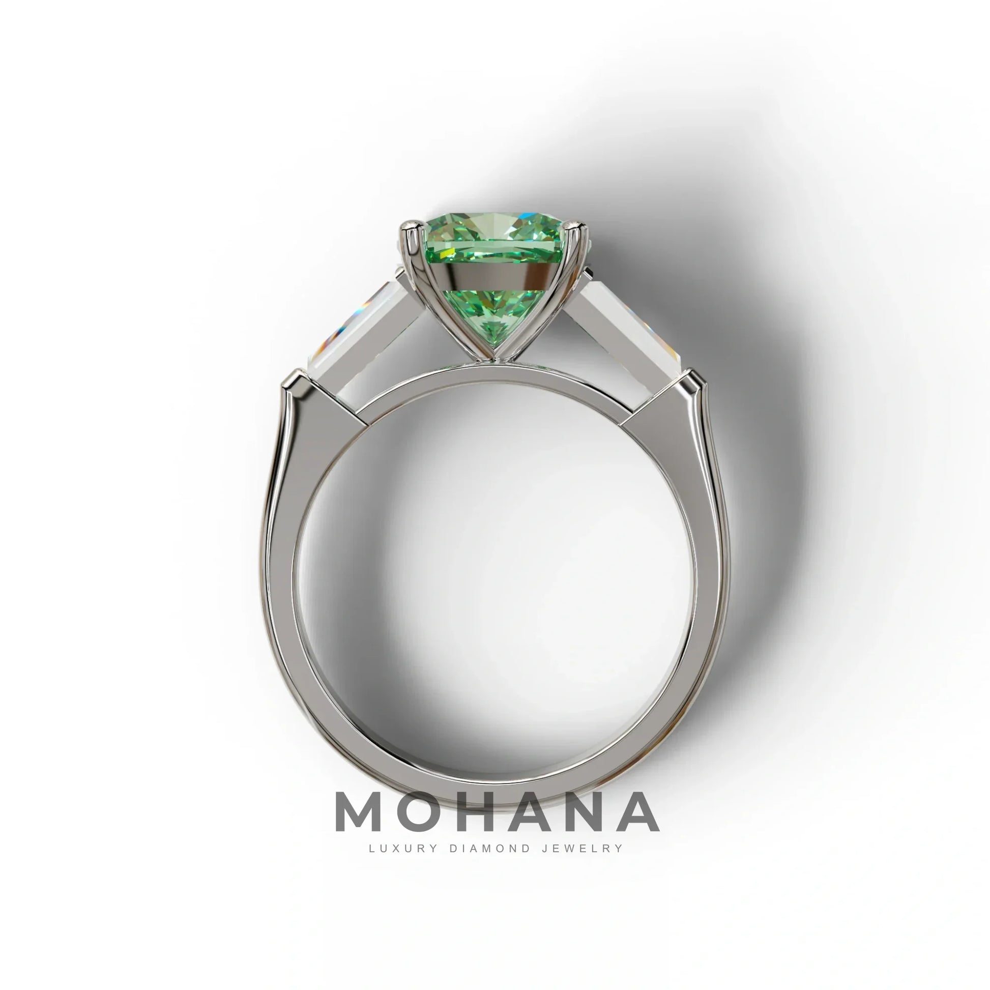 3 Carat Green Cushion & Tapered Baguette Three Stone Engagement Ring