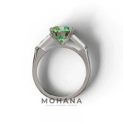 3 Carat Green Cushion & Tapered Baguette Three Stone Engagement Ring