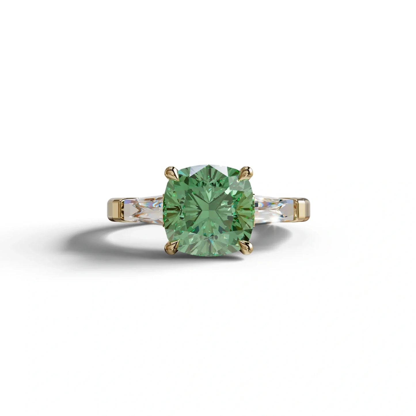 3 Carat Green Cushion & Tapered Baguette Three Stone Engagement Ring - 10K Solid Gold / Yellow Gold