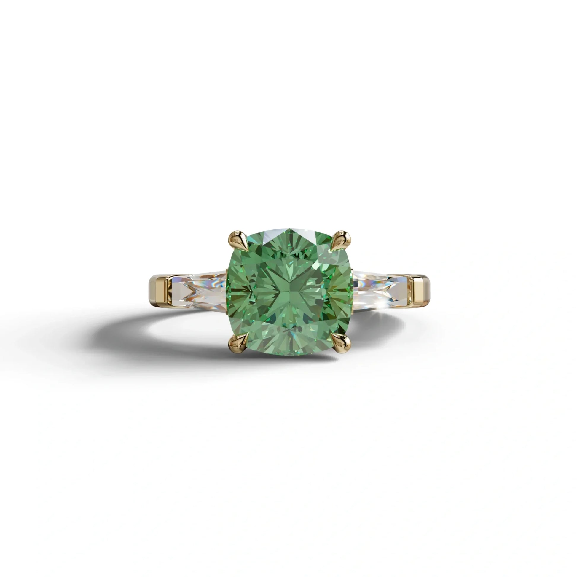 3 Carat Green Cushion & Tapered Baguette Three Stone Engagement Ring - 10K Solid Gold / Yellow Gold
